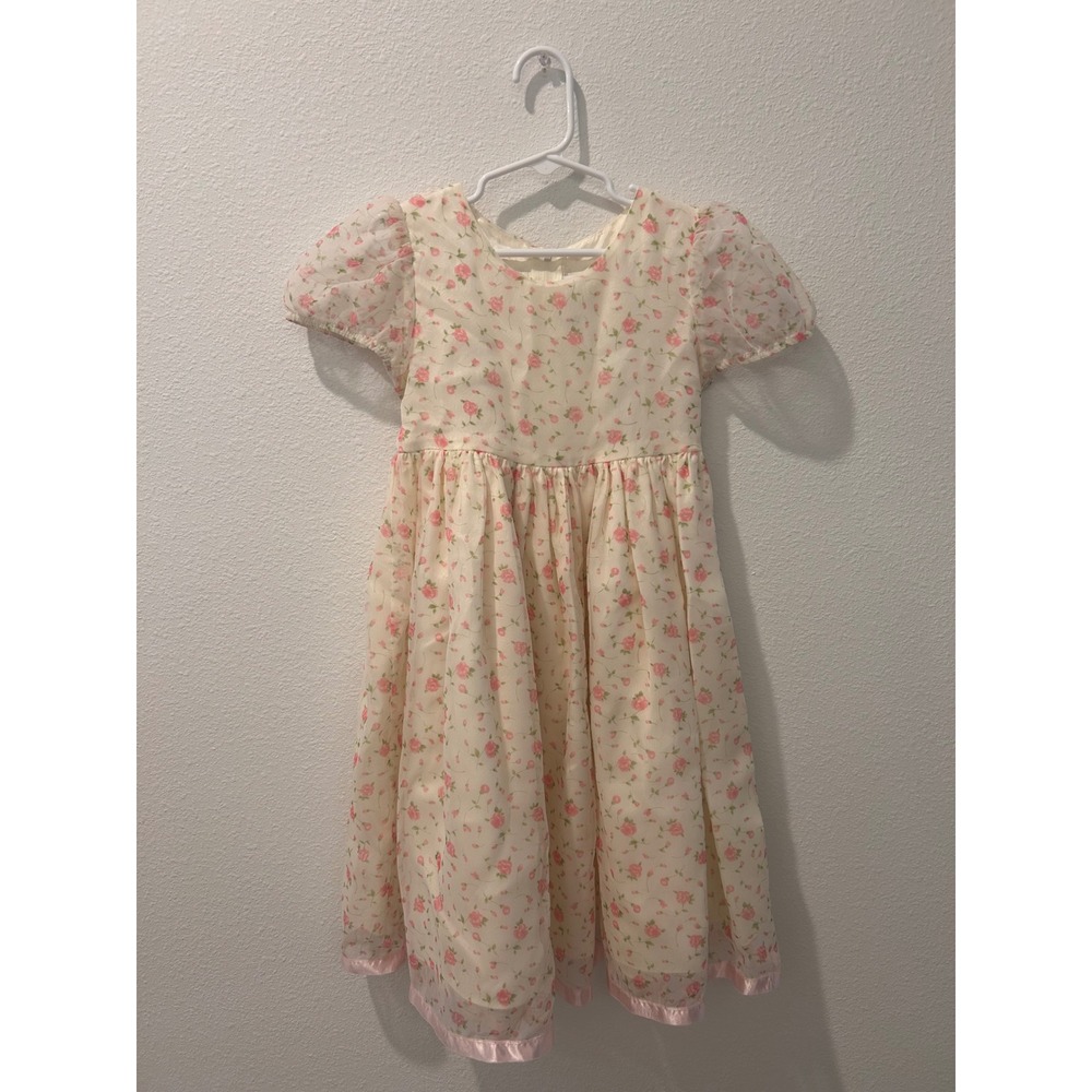 Vintage Kids Dream Floral Organza Special Occasion Dress Pink Cream Size 5-6